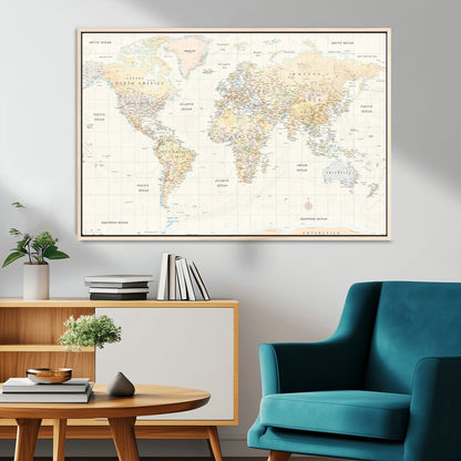 40660043-MGV-CV-36X24-World Map Wall Art – Large Detailed Atlas Style Map Print with Countries, Cities, and Oceans, Neutral Beige and Tan Educational