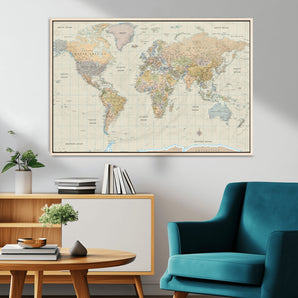 41929777-MGV-CV-36X24-World Map Wall Art – Large Detailed Political Atlas Style Map Print with Countries, Cities, and Oceans, Warm Earth Tone