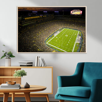 23655234-MGV-CV-36X24-Lambeau Field Stadium Wall Art – American Football Night Game Canvas Print with Packed Crowd and Lights – Sports Decor for Man