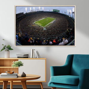 14387817-MGV-CV-36X24-Lambeau Field Stadium Wall Art – Green Bay Packers Game Day Canvas Print with Fireworks and Crowd – NFL Football Fan Man Cave