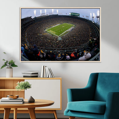 14387817-MGV-CV-36X24-Lambeau Field Stadium Wall Art – Green Bay Packers Game Day Canvas Print with Fireworks and Crowd – NFL Football Fan Man Cave