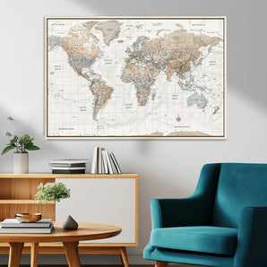 11796935-MGV-CV-36X24-Neutral World Map Wall Art – Vintage Style Beige and Brown Canvas Print – Large Travel Map Poster for Home, Office, Study, or