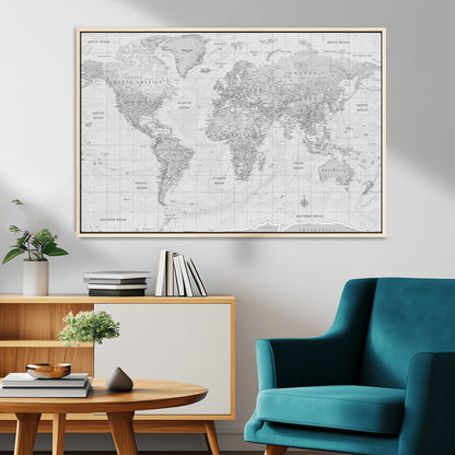 10516725-MGV-CV-36X24-Black and White World Map Wall Art – Minimalist Grayscale Canvas Print – Modern Detailed Travel Map Poster for Home, Office, or