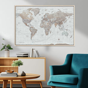 59737235-MGV-CV-36X24-Muted Gray & Copper World Map Wall Art – Modern Vintage Canvas Print – Neutral Gray and Brown Detailed Travel Map for Office,
