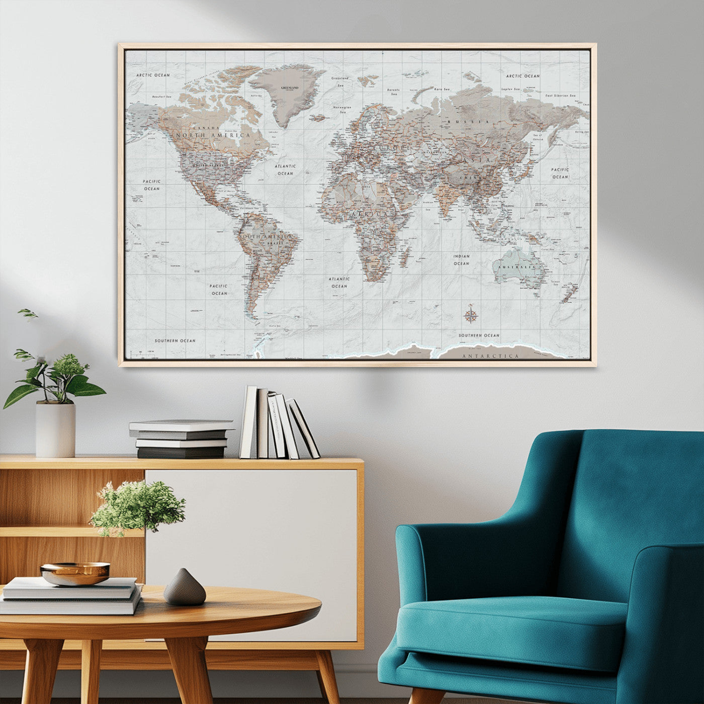 59737235-MGV-CV-36X24-Muted Gray & Copper World Map Wall Art – Modern Vintage Canvas Print – Neutral Gray and Brown Detailed Travel Map for Office,
