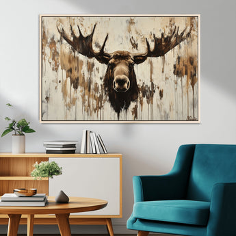 34496536-MGV-CV-36X24-Rustic Moose Wall Art – Modern Abstract Animal Canvas Print – Majestic Moose Head Painting with Neutral Earth Tones for Cabin,