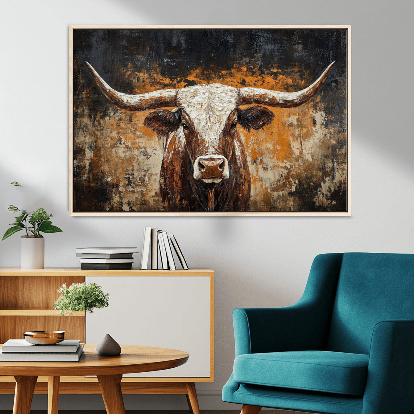 25265572-MGV-CV-36X24-Longhorn Bull Wall Art – Rustic Western Texas Steer Canvas Print, Textured Animal Painting for Home, Office, Man Cave or Farmhouse