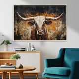 25265572-MGV-CV-36X24-Longhorn Bull Wall Art – Rustic Western Texas Steer Canvas Print, Textured Animal Painting for Home, Office, Man Cave or Farmhouse