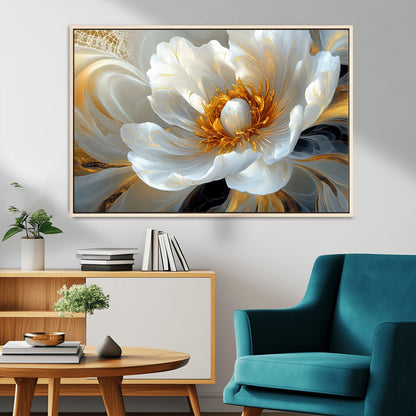 39604126-MGV-CV-36X24-Abstract Flower Wall Art – Elegant White and Gold Bloom Canvas Print, Modern Floral Artwork for Bedroom, Living Room, or Office