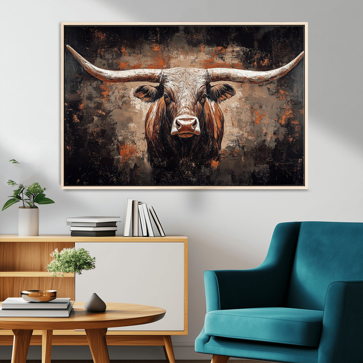 24779067-MGV-CV-36X24-Longhorn Bull Wall Art – Western Rustic Canvas Print, Bold Cowboy Cattle Painting for Ranch House, Farmhouse, Office, or Living