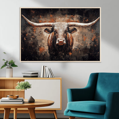 24779067-MGV-CV-36X24-Longhorn Bull Wall Art – Western Rustic Canvas Print, Bold Cowboy Cattle Painting for Ranch House, Farmhouse, Office, or Living
