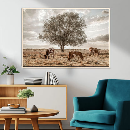 87590224-MGV-CV-36X24-Longhorn Cattle Wall Art – Rustic Western Landscape Canvas Print, Texas Farmhouse Prairie Scene for Living Room, Office, or Ranch