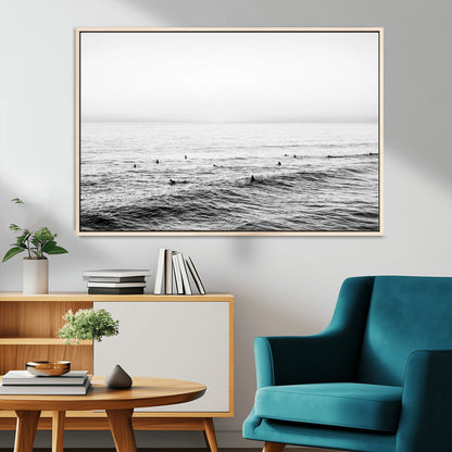 47208268-MGV-CV-36X24-Surfer Ocean Wall Art – Black and White Coastal Canvas Print, Minimalist Surfing Seascape Decor for Living Room, Bedroom, or Beach