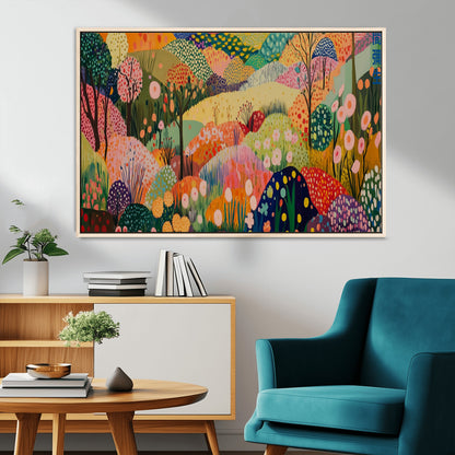 79636380-MGV-CV-36X24-Colorful Abstract Landscape Wall Art – Vibrant Hills and Flowers Canvas Print, Modern Whimsical Artwork for Living Room, Bedroom,