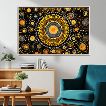 45478523-MGV-CV-36X24-Abstract Circle Wall Art – Bold Black and Gold Dot Painting Canvas Print, Modern Geometric Mandala Style Decor for Living Room or