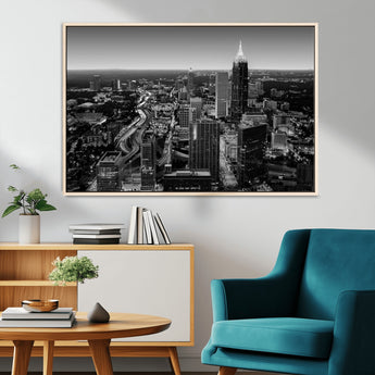 46578567-MGV-CV-36X24-Atlanta Skyline Wall Art – Black and White Cityscape Canvas Print, Modern Urban Night Decor for Office, Living Room, or Apartment