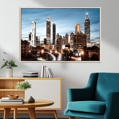 23859158-MGV-CV-36X24-Atlanta Skyline Wall Art – Modern Cityscape Canvas Print with Night Lights and Traffic Trails, Urban Decor for Office, Apartment,