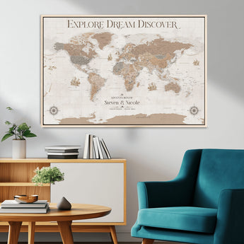 63516865-MGV-CV-36X24-Explore Dream Discover World Map Wall Art – Inspirational Travel Adventure Canvas Print, Neutral Parchment Style Explorer Decor