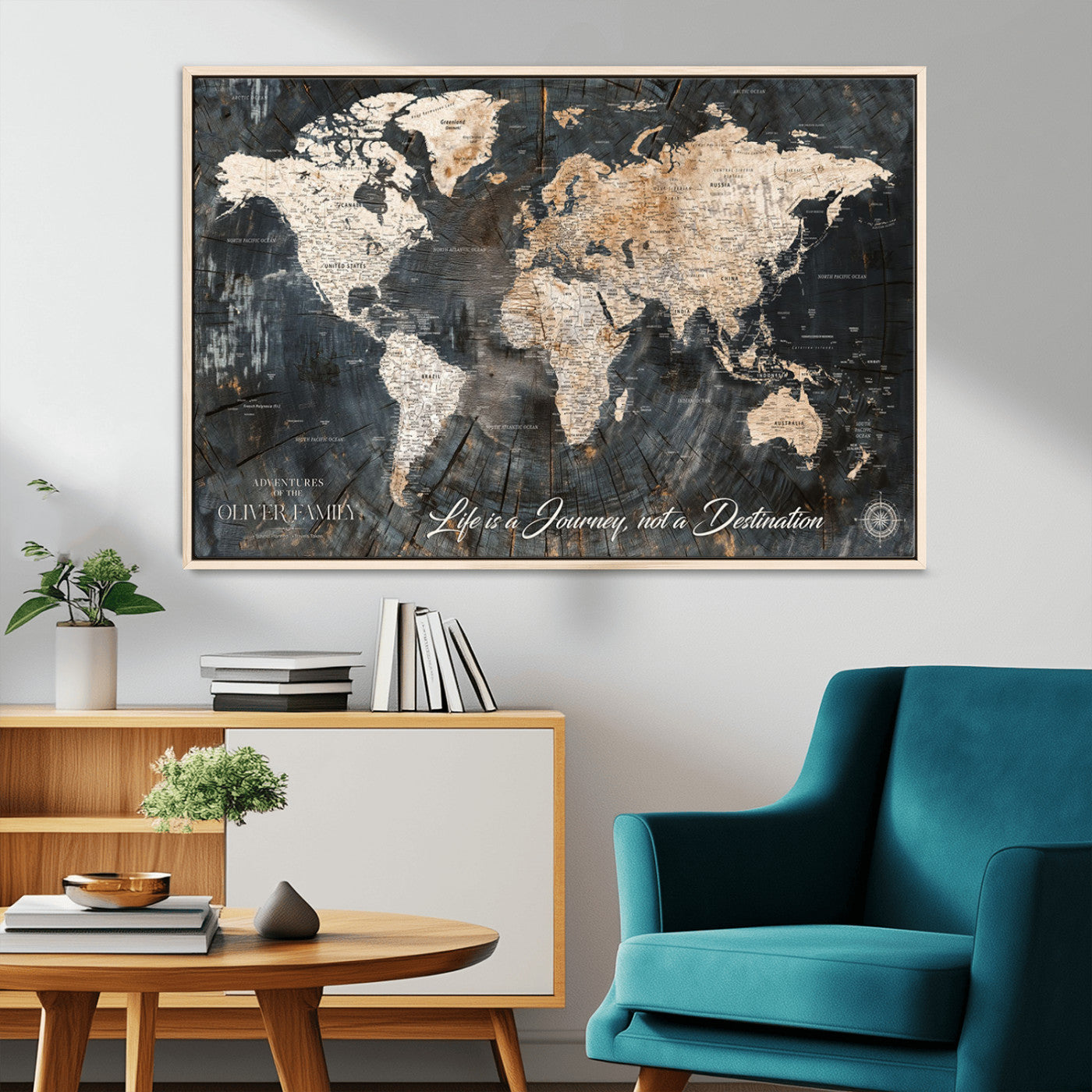 37848568-MGV-CV-36X24-Life is a Journey Not a Destination World Map Rustic Wood Texture Vintage Beige Navy Adventure Wall Art Canvas Print for Home