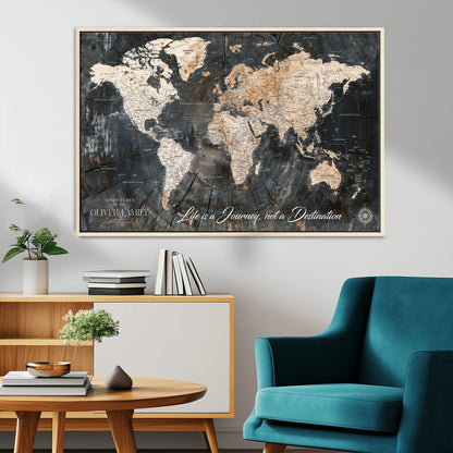 37848568-MGV-CV-36X24-Life is a Journey Not a Destination World Map Rustic Wood Texture Vintage Beige Navy Adventure Wall Art Canvas Print for Home