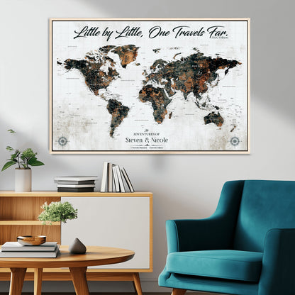 88337180-MGV-CV-36X24-Little by Little One Travels Far Tolkien Quote World Map Rustic Black Brown Adventure Wall Art Canvas Print for Home Office Living