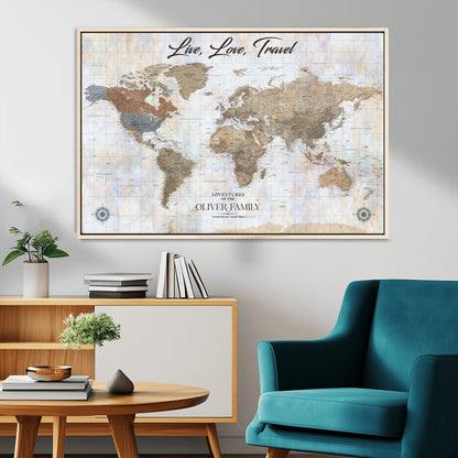 43924907-MGV-CV-36X24-Live Love Travel Wall Art – Neutral World Map Canvas Print, Rustic Adventure Decor for Home, Office or Living Room, Unique Gift