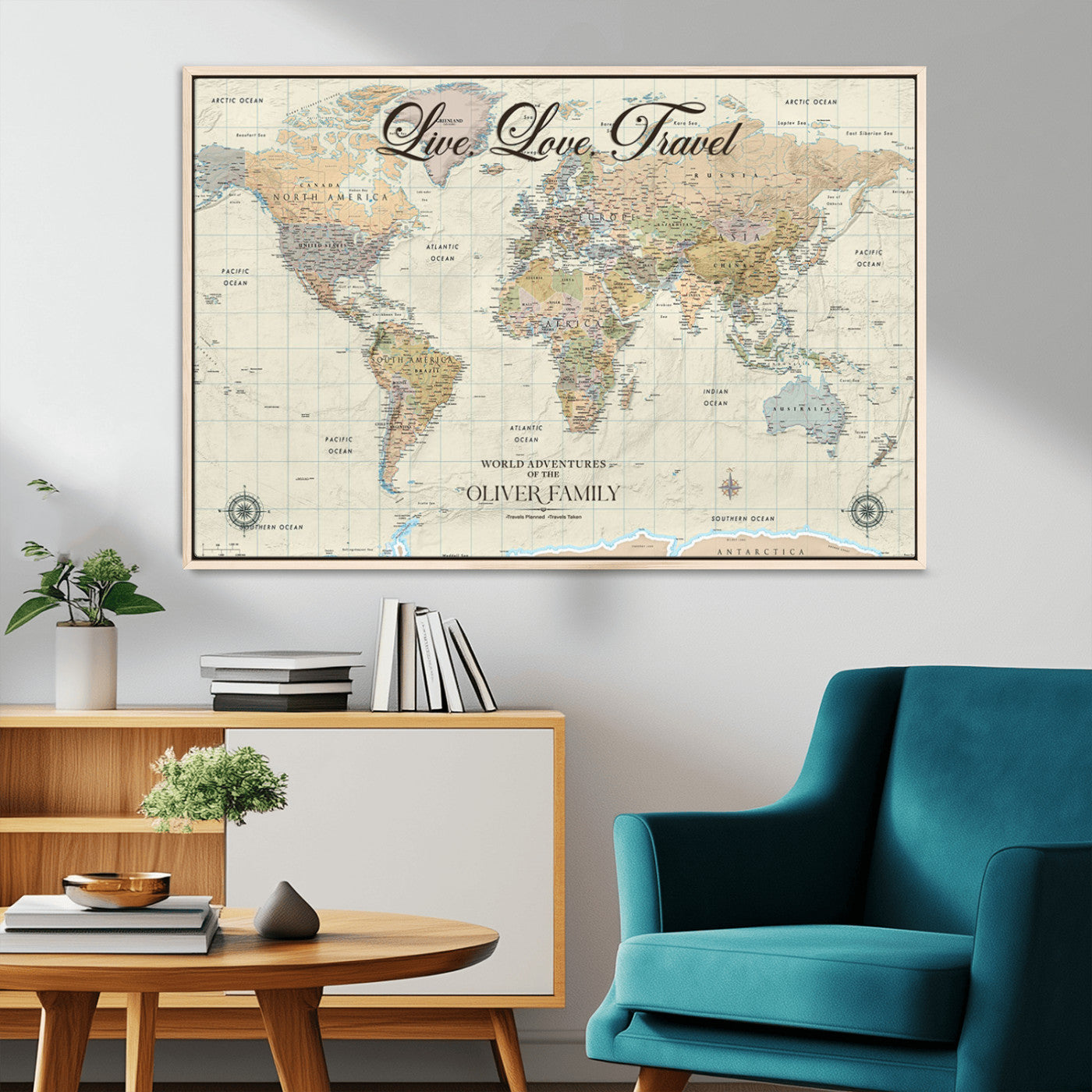 19479008-MGV-CV-36X24-Live Love Travel Wall Art – Detailed World Map Canvas Print, Adventure Decor for Living Room, Office or Bedroom, Travel Gift for