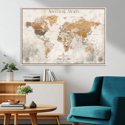 99422096-MGV-CV-36X24-Adventure Awaits World Map Wall Art – Neutral Beige Canvas Print, Modern Travel Inspired Wall Decor for Living Room, Bedroom or