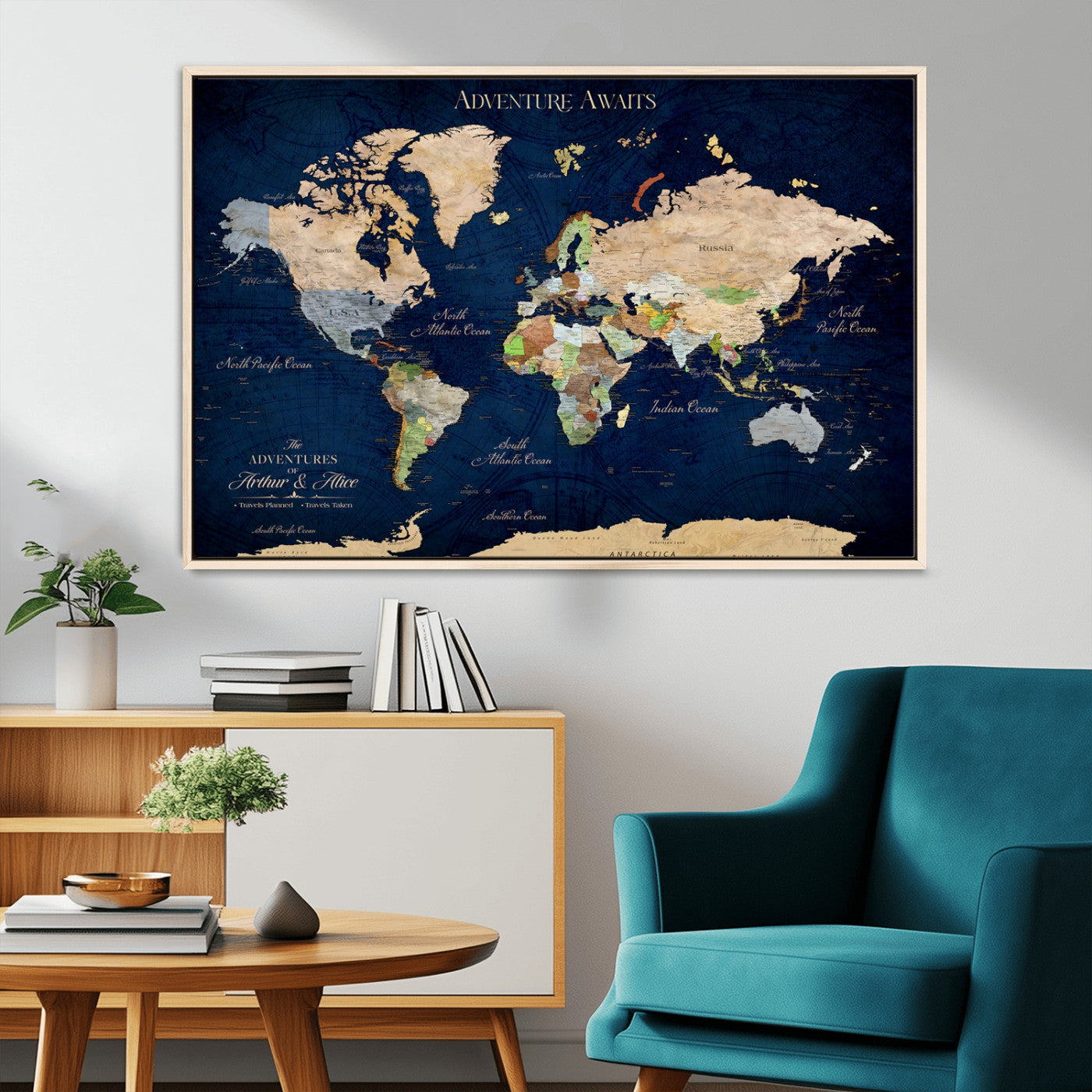 43160428-MGV-CV-36X24-Adventure Awaits Navy Blue World Map – Vibrant Travel Canvas Wall Art, Antique Atlas Print, Wanderlust Decor for Home Office