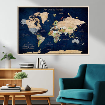 43160428-MGV-CV-36X24-Adventure Awaits Navy Blue World Map – Vibrant Travel Canvas Wall Art, Antique Atlas Print, Wanderlust Decor for Home Office