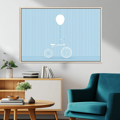 56479838-MGV-CV-36X24-Bicycle Wall Art – Minimalist Blue Canvas Print with Balloon Illustration, Modern Decor Artwork for Kids Room, Nursery, or Living
