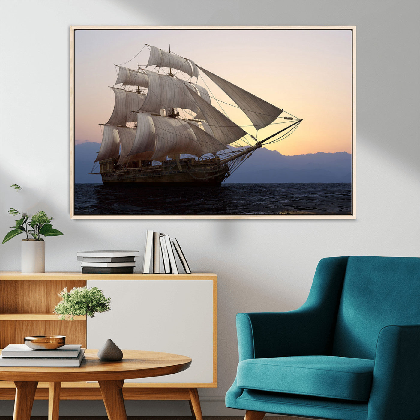 31270610-MGV-CV-36X24-Sailing Ship Wall Art – Sunset Seascape Canvas Print with Tall Ship at Sea, Nautical Ocean Decor for Living Room, Office, or