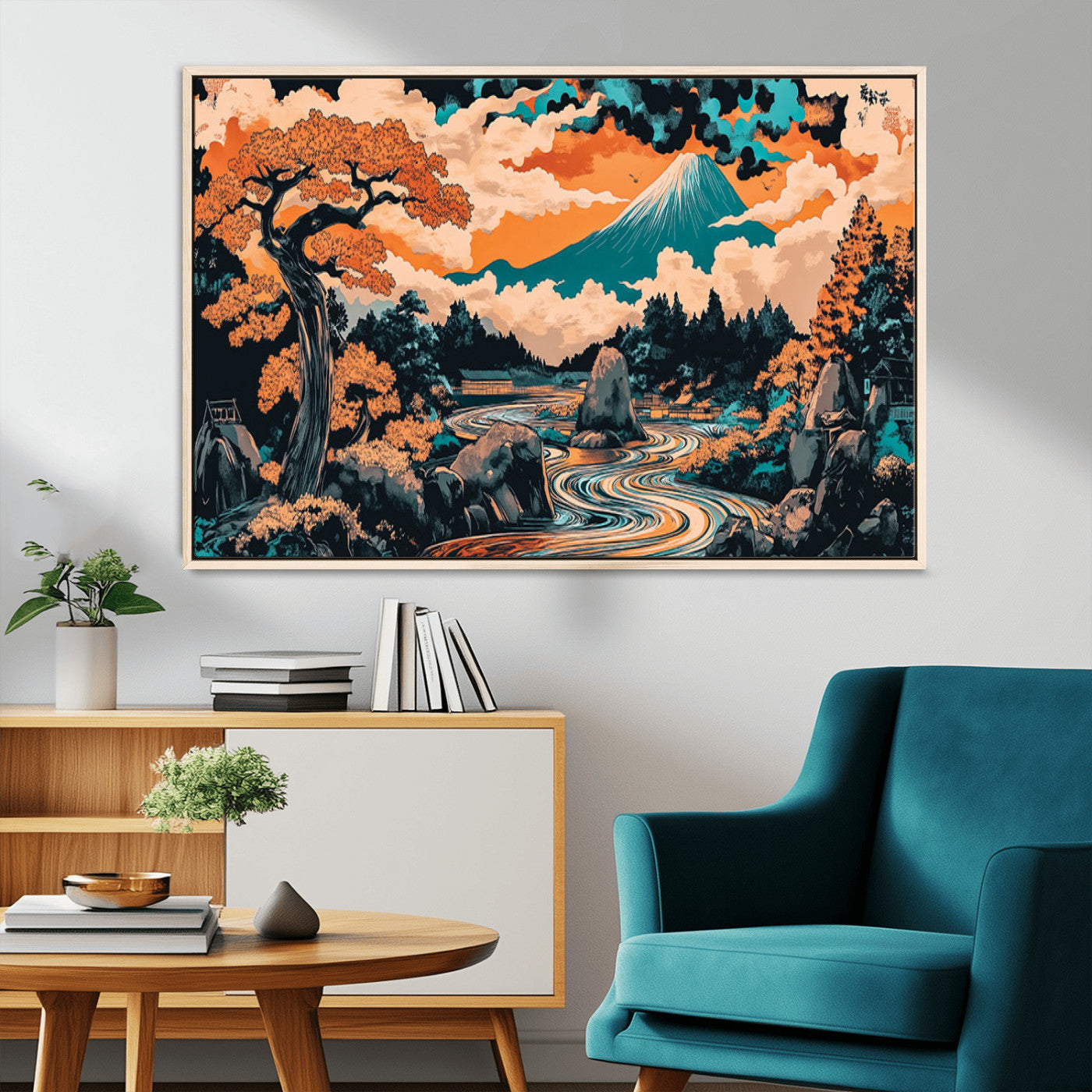 21638941-MGV-CV-36X24-Japanese Landscape Wall Art – Mount Fuji and Flowing River Ukiyo-e Style Canvas Print, Traditional Japan Inspired Artwork for