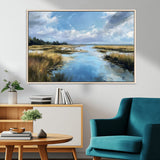 87082041-MGV-FC-36X24_Natural-Painted Marshland Canvas Wall Art – Serene Water Reflection, Blue Sky, Golden Grass Landscape, Calm Nature Decor for Home, Office,
