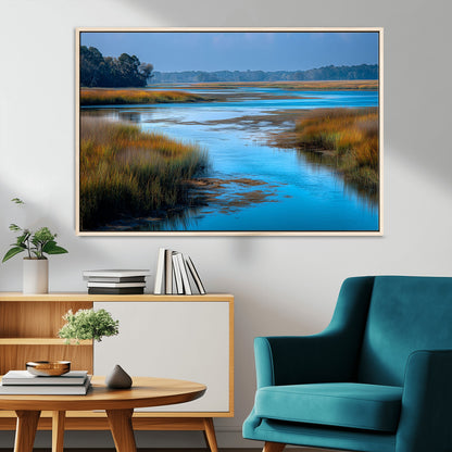 26300004-MGV-FC-36X24_Natural-Tranquil Marshland Canvas Wall Art – Blue Water, Reflective Sky, Golden Grasses, Calm Nature Landscape, Scenic Outdoor Beauty for