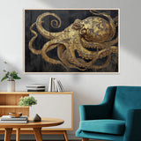 47056538-MGV-CV-36X24-Octopus Wall Art – Gold Nautical Canvas Print with Rustic Wood Texture, Marine Creature Artwork for Coastal Ocean Decoration in