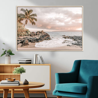 18005328-MGV-CV-36X24-Tropical Beach Wall Art – Coastal Ocean Canvas Print with Palm Tree, Sunset Sky and Rocky Shore, Serene Seascape Photography for