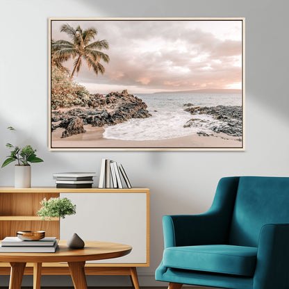18005328-MGV-CV-36X24-Tropical Beach Wall Art – Coastal Ocean Canvas Print with Palm Tree, Sunset Sky and Rocky Shore, Serene Seascape Photography for