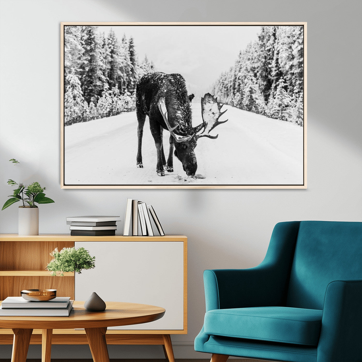 38956835-MGV-FC-36X24_Natural-Moose Winter Snowy Forest Canvas Wall Art – Wildlife Nature, Antlers in Frozen Landscape, Quiet Path, Cold Season Outdoors Print