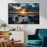 66040852-MGV-FC-36X24_Natural-Ocean Sunset Canvas Wall Art – Rocky Shore Waves, Dramatic Clouds, Golden Sun Rays, Coastal Nature, Serene Water Reflection for