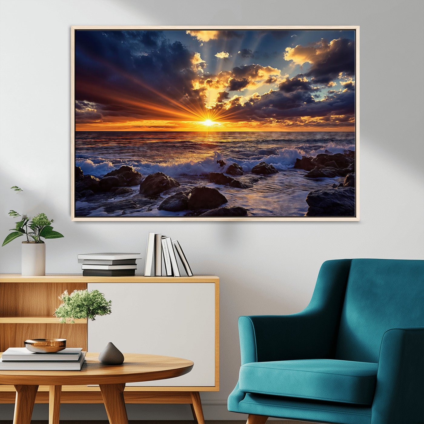 35900590-MGV-CV-36X24-Ocean Sunset Wall Art – Vivid Seascape Canvas Print with Sunburst Sky, Crashing Waves and Rocky Shore, Dramatic Coastal