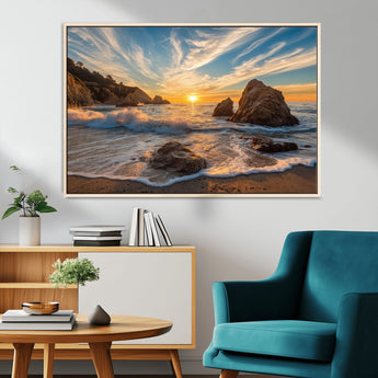 85659923-MGV-FC-36X24_Natural-Rocky Ocean Sunset Canvas Wall Art – Seaside Dramatic Seascape Print, Coastal Modern Decor, Ocean Sunset Art for Living Room or