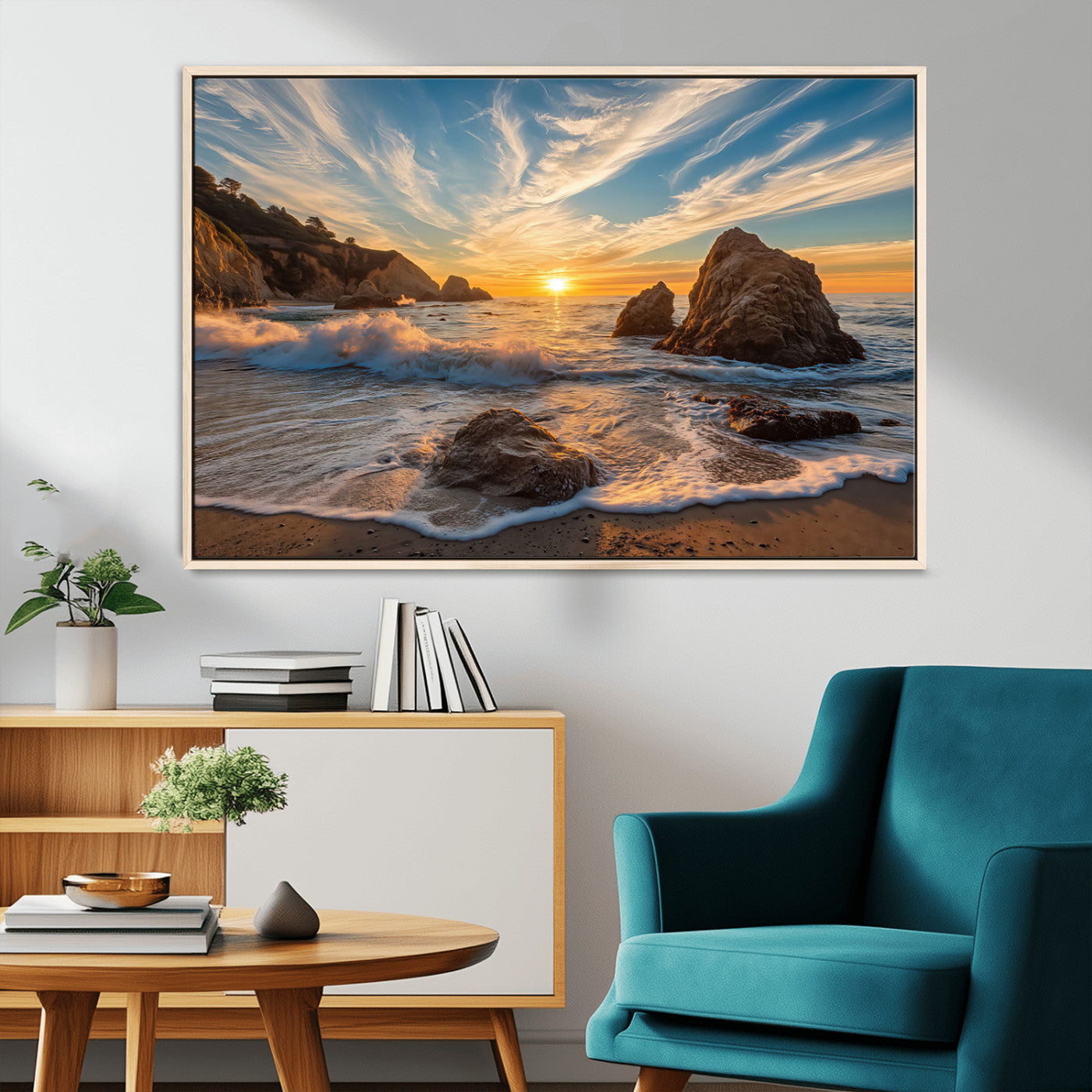 85659923-MGV-CV-36X24-Ocean Sunset Wall Art – Dramatic Seascape Canvas Print with Cliffs, Crashing Waves and Golden Sky, Bold Coastal Photography for