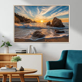 85659923-MGV-CV-36X24-Ocean Sunset Wall Art – Dramatic Seascape Canvas Print with Cliffs, Crashing Waves and Golden Sky, Bold Coastal Photography for