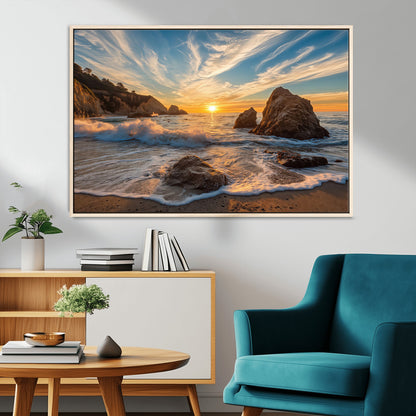 85659923-MGV-CV-36X24-Ocean Sunset Wall Art – Dramatic Seascape Canvas Print with Cliffs, Crashing Waves and Golden Sky, Bold Coastal Photography for