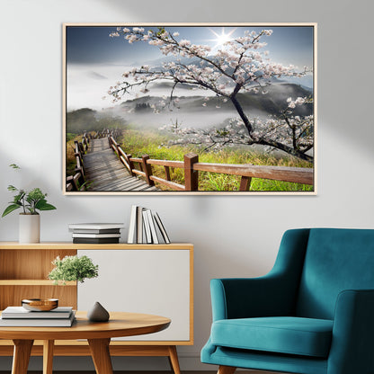 34632598CRY-MGV-CV-36X24-Cherry Blossom Wall Art – Scenic Asian Landscape Canvas Print with Wooden Walkway, Misty Mountains and Sunrise, Serene Nature
