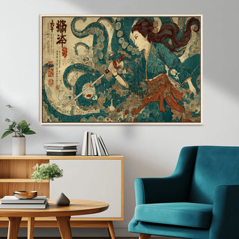 46837670-MGV-FC-36X24_Natural-Tsukioka Yoshitoshi Samurai Wall Art Print, Japanese Katana Warrior Canvas Wall Art, Octopus Sea Monster Canvas Print,