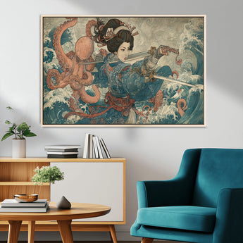 52037775-MGV-FC-36X24_Natural-Tsukioka Yoshitoshi Samurai Wall Art Print, Japanese Katana Warrior Canvas Wall Art, Octopus Sea Monster Canvas Print,