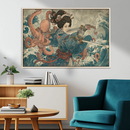 52037775-MGV-FC-36X24_Natural-Tsukioka Yoshitoshi Samurai Wall Art Print, Japanese Katana Warrior Canvas Wall Art, Octopus Sea Monster Canvas Print,