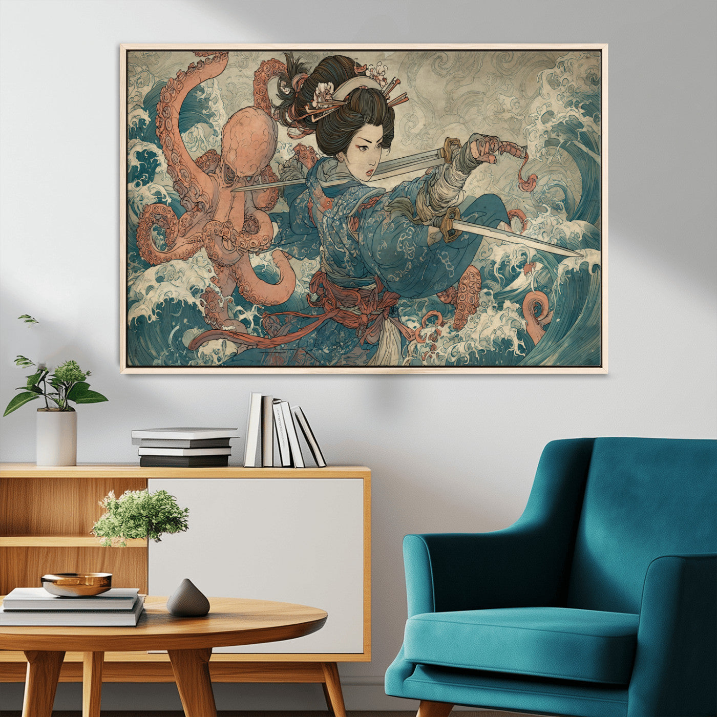 52037775-MGV-CV-36X24-Samurai Woman Wall Art – Japanese Ukiyo e Style Canvas Print with Katana, Ocean Waves and Octopus, Traditional Asian Inspired